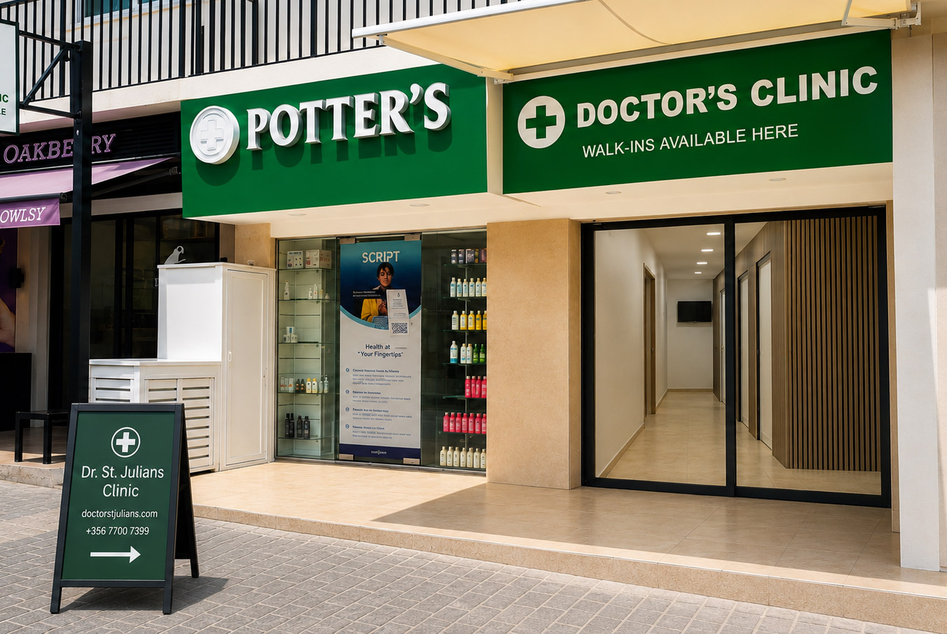 Entrance of Dr. St Julian's Clinic next to Potter's Pharmacy on Triq il-Wilġa, San Ġiljan
