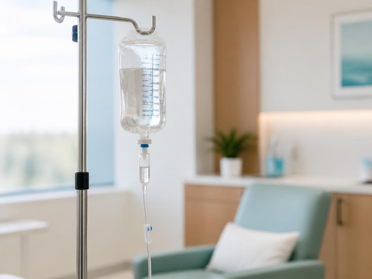 IV infusion stand in a bright clinic treatment room